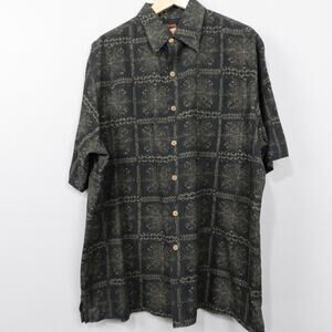 VTG 90s Caribbean Shirt Size L Hawaiian Silk Blend Button Down Block Print Black